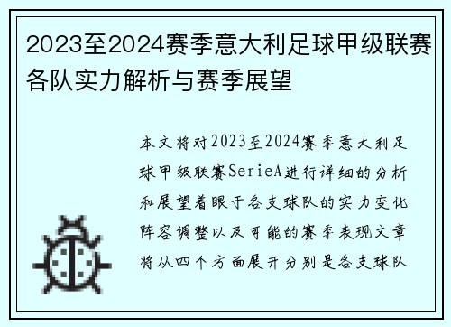 2023至2024赛季意大利足球甲级联赛各队实力解析与赛季展望