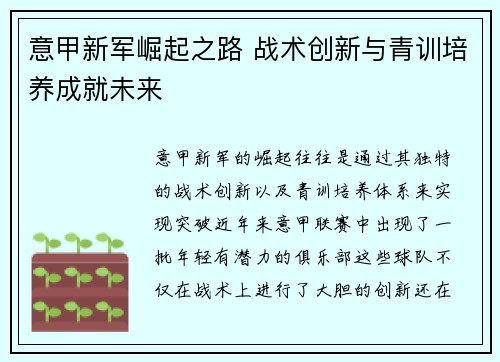 意甲新军崛起之路 战术创新与青训培养成就未来
