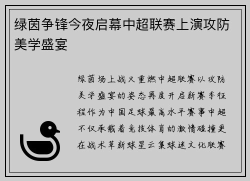 绿茵争锋今夜启幕中超联赛上演攻防美学盛宴